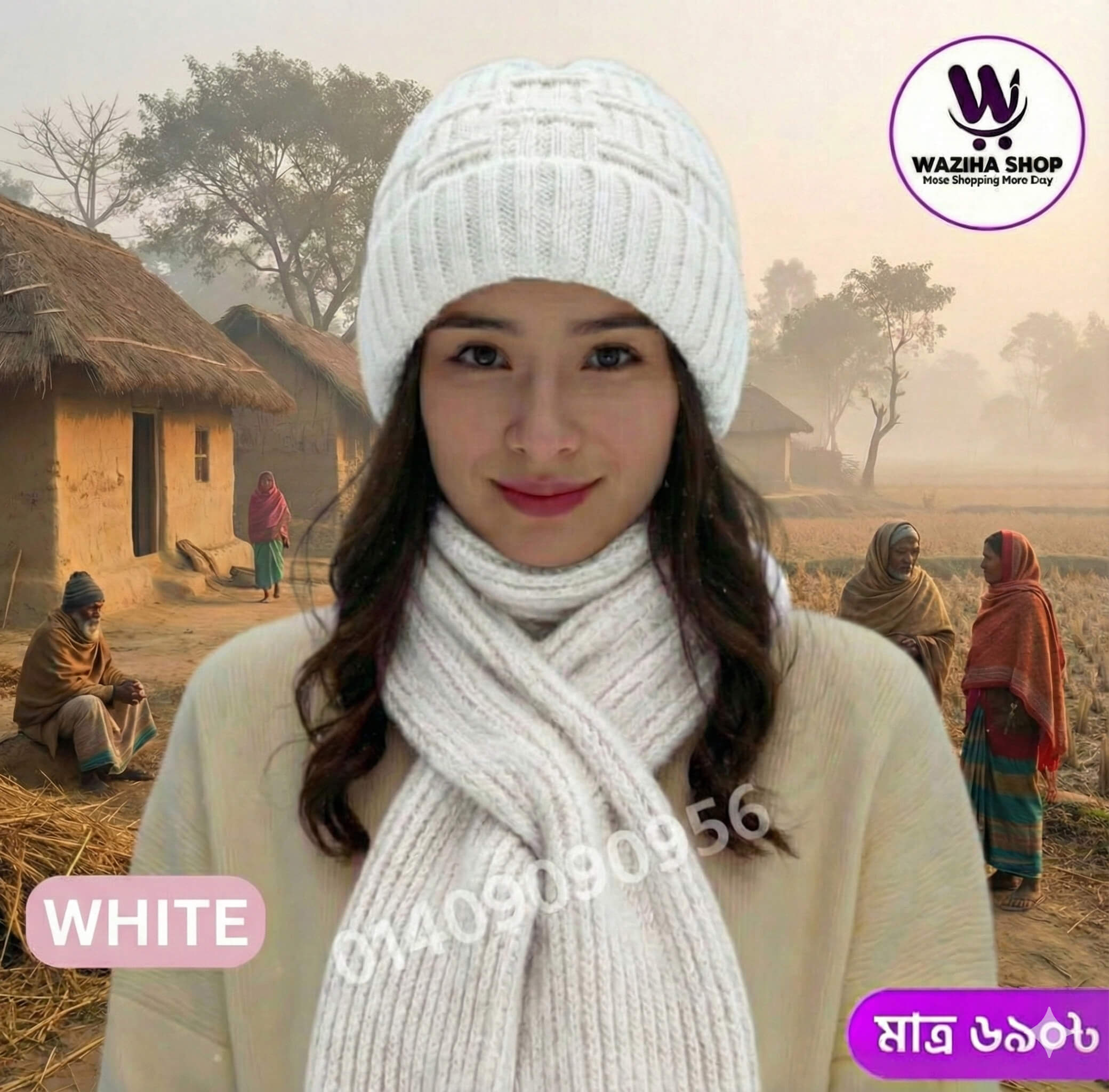 Windproof Cap with Scarf (White)
